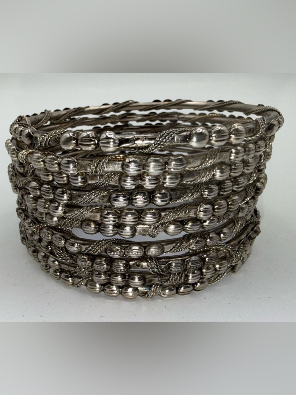 Vintage Set of 10 Silver Tone Beaded Bangles Bracelets Boho Stackable Artisan